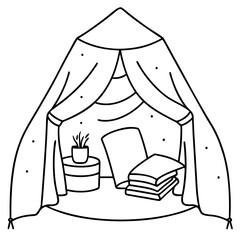 Wall Mural - cozy reading nook under a blanket fort line art