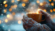 © abdlkerim - Close-up of a tattered glove holding a cup of hot tea, snowflakes falling, blurred Christmas lights in the background,