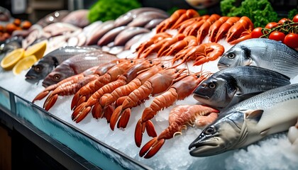 Wall Mural - Vibrant Seafood Showcase on Ice at Bustling Market