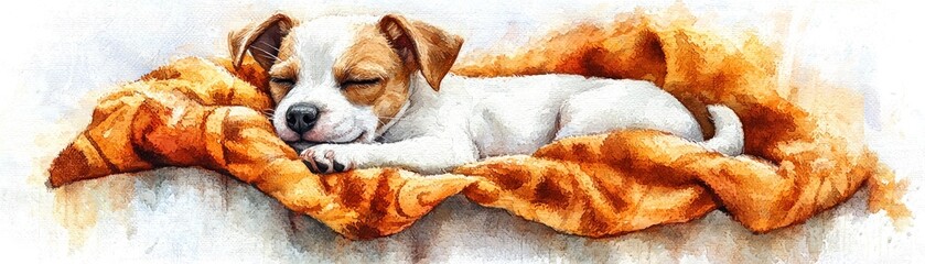 A sleepy puppy nestled comfortably on a soft blanket, exuding warmth and cuteness.