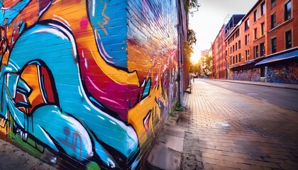 Wall Mural - A vibrant street scene featuring colorful graffiti on a wall with a sunset glow illuminating the cobblestone path and surrounding buildings.