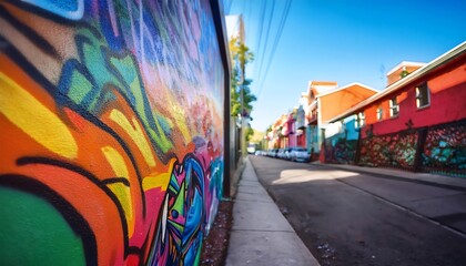 Wall Mural - A vibrant street scene featuring colorful graffiti on a wall alongside a quaint sidewalk and red buildings under a clear blue sky.