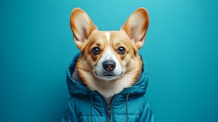 Wall Mural - surreal portrait of playful corgi wearing sporty outfit in minimal studio setting