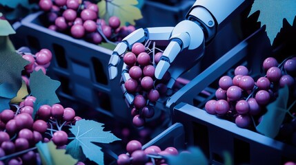 Poster - Paper cut style robotic hand picking grapes from a crate, symbolizing automated high-tech factory processes.