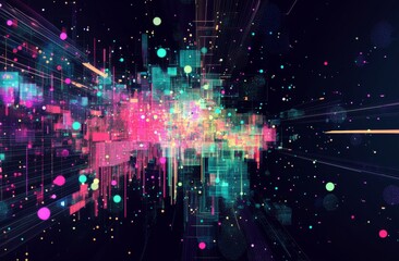 Poster - Abstract digital art with bright neon colors and geometric shapes.