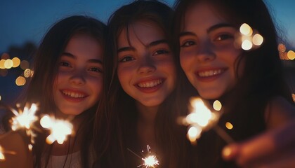 Festive Friend Smiling with Sparklers Under a Starry Night Sky – Elegant Celebration

