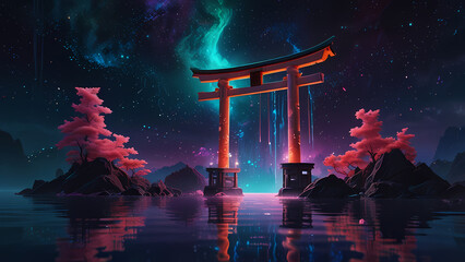 floating Torii gate in the center of a surreal, dreamlike space, with bright neon colors and fluid, water-like textures flowing around it