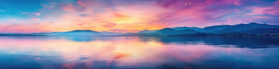 Sticker - sunset, landscape, lake, mountains, reflections, nature, colors, serene, tranquility, atmospheric, vivid, dramatic, peaceful scene at dusk, beautiful color gradient in the sky, mesmerizing view of wa