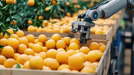 Poster - Robotic AI arm harvesting oranges in a wooden box, showcasing high-tech automation in modern production lines.