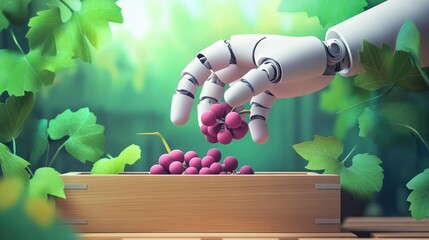 Poster - Robotic hand in paper cut style carefully picks a grape from a wooden box, symbolizing high-tech factory operations.