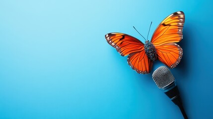 Poster - Colorful Butterfly Beside a Microphone on Blue Background