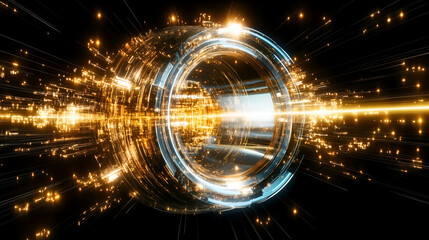 Aufkleber - A futuristic abstract representation of light trails and glowing particles swirling around a central orb in a dark space environment
