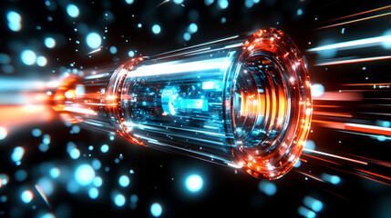 Poster - Dynamic light beams streaming through a futuristic glass lens with vibrant colors in a digital setting