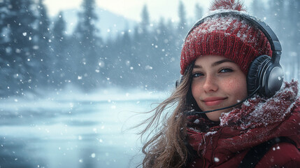 Wall Mural - windy alaska, full body girl with headphones, frozen lake, pine trees, snow, smiling, zoomed out