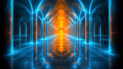 Poster - a vibrant digital corridor illuminated by glowing blue and orange lights reflects beautifully on shi