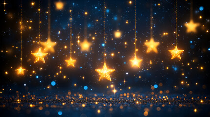Aufkleber - Glowing gold stars hanging against a deep blue night sky with shimmering lights and bokeh effects during a festive celebration