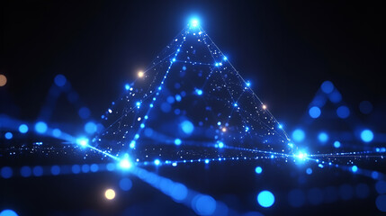Aufkleber - Illuminated pyramid structure with glowing lines and dots in a dark abstract environment at night