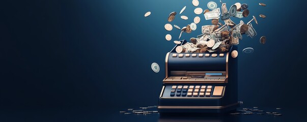 Vintage cash register with coins and banknotes flying out against a dark blue background, depicting financial success and investment returns.