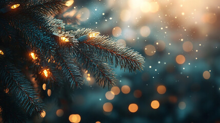 Christmas tree branches with white fluffy snow and bokeh lights on a blurred background, a Christmas card banner, with copy space.