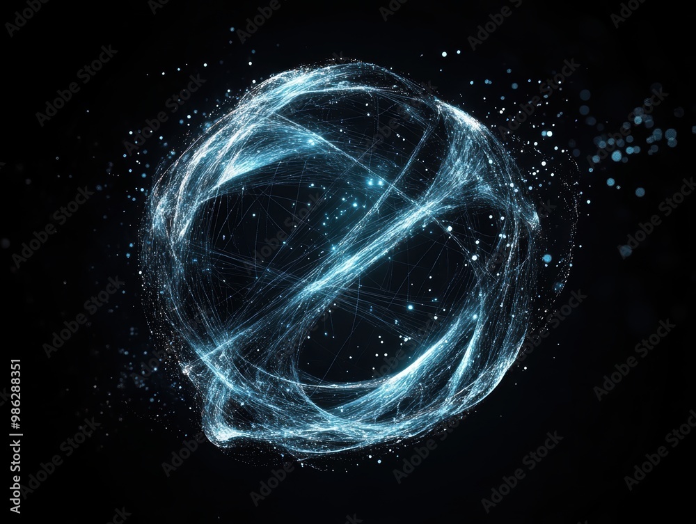 Glowing blue energy sphere with swirling light trails on a black ...