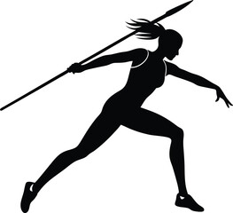 Woman javelin thrower silhouette, vector drawing illustration on black and white.