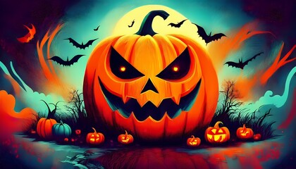 digital art painting of Jack-o'-lantern, carved pumpkin with spooky face for halloween theme