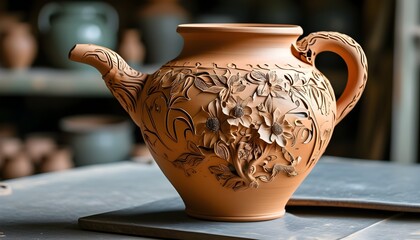 Wall Mural - Elegant handcrafted clay pot adorned with intricate carvings, highlighting traditional craftsmanship and artistic beauty.