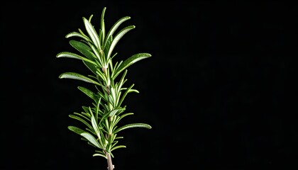 Vibrant sprig of fresh rosemary on black background, ideal for culinary and medicinal applications