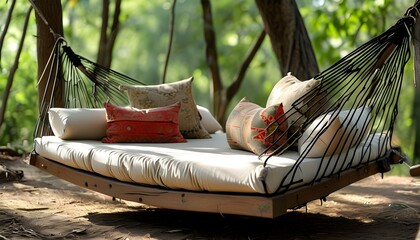 Wall Mural - Tranquil hammock adorned with plush pillows, inviting relaxation and outdoor napping bliss