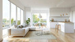 © VERTEX SPACE - Modern open plan living area with stylish sofa, light hardwood floors, and large windows allowing natural light. space features dining area and sleek kitchen, creating warm and inviting atmosphere