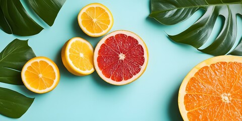 Fresh Citrus Fruits and Tropical Leaves on a Blue Background