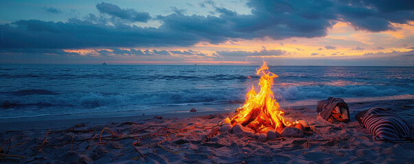 A serene beach scene featuring a warm campfire, illuminating the shore under a colorful sunset sky.