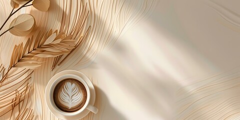 Wall Mural - Creamy Latte Art with Minimalist Palm Leaf Decor on Beige Wooden Background