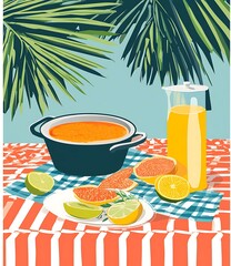 Wall Mural - Summer Picnic With Orange Juice, Citrus Fruits and Soup