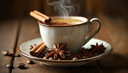 Wall Mural - Warm coffee indulgence with cinnamon, star anise, and rich coffee beans on an elegant saucer