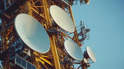 A tall communication tower features multiple satellite dishes against a clear blue sky, showcasing advanced technology for signal transmission.