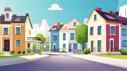 Sticker - Cartoon Illustration of a Suburban Street with Houses and Trees