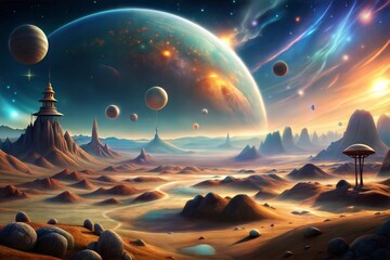 Fantastical alien landscape with majestic planets and stars