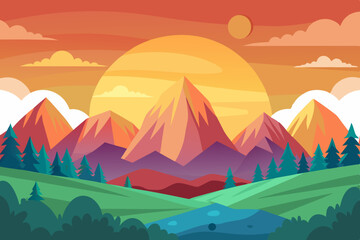 Wall Mural - Landscape hills and river at sunrise silhouettes illustration