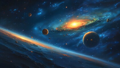 Wall Mural - Cosmic Journey Through the Milky Way: Earth in Orbit against a Dark Universe Background, Perfect for Adventure and Exploration Themes