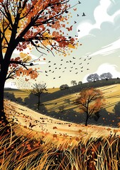 Wall Mural - Autumn Landscape With Flying Birds