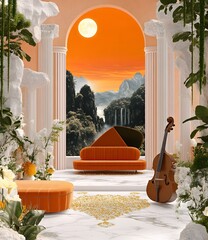 Sticker - Orange Sofa and Double Bass in Classical Architecture with a View of a Mountain Landscape