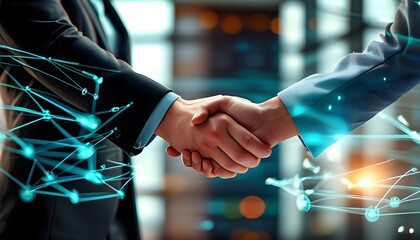 Futuristic handshake symbolizes trust and collaboration in business partnerships, embodying digital success and global networking connections