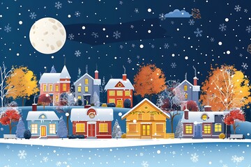 Winter Village Night Landscape Illustration