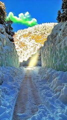 Poster - Snowy Path Through Frozen Waterfall in Mountain