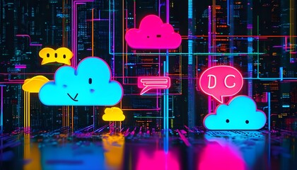 Abstract digital landscape of data networks and internet symbols enhanced with neon glow, showcasing cloud computing and global connectivity in a technological future