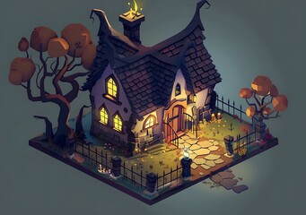 Poster - Spooky Halloween Cottage Illustration