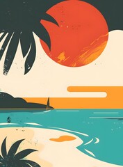 Poster - Summer Sunset Beach Scene Illustration With Sailboat