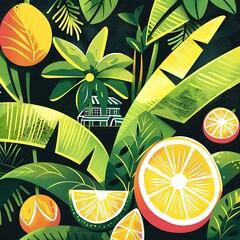 Canvas Print - Tropical Leaves and Citrus Fruits Illustration