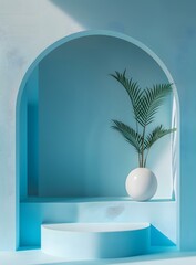 Wall Mural - Blue Minimalist Background With Arch And Plant